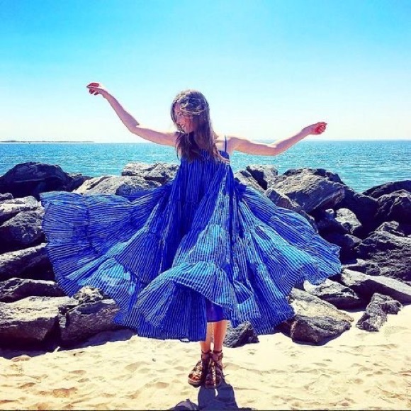 Mes Demoiselles Eva Paris Stripe Tiered Maxi Midi Dress in Blue & White - Picture 8 of 8